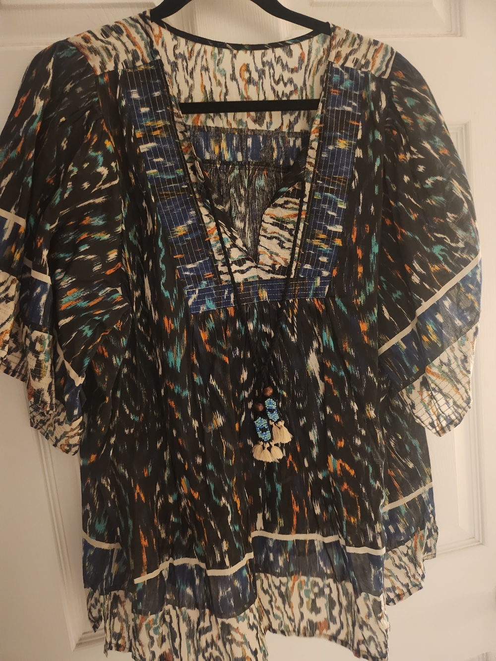 Democracy Black Peasant Blouse with Teal & Orange Accents